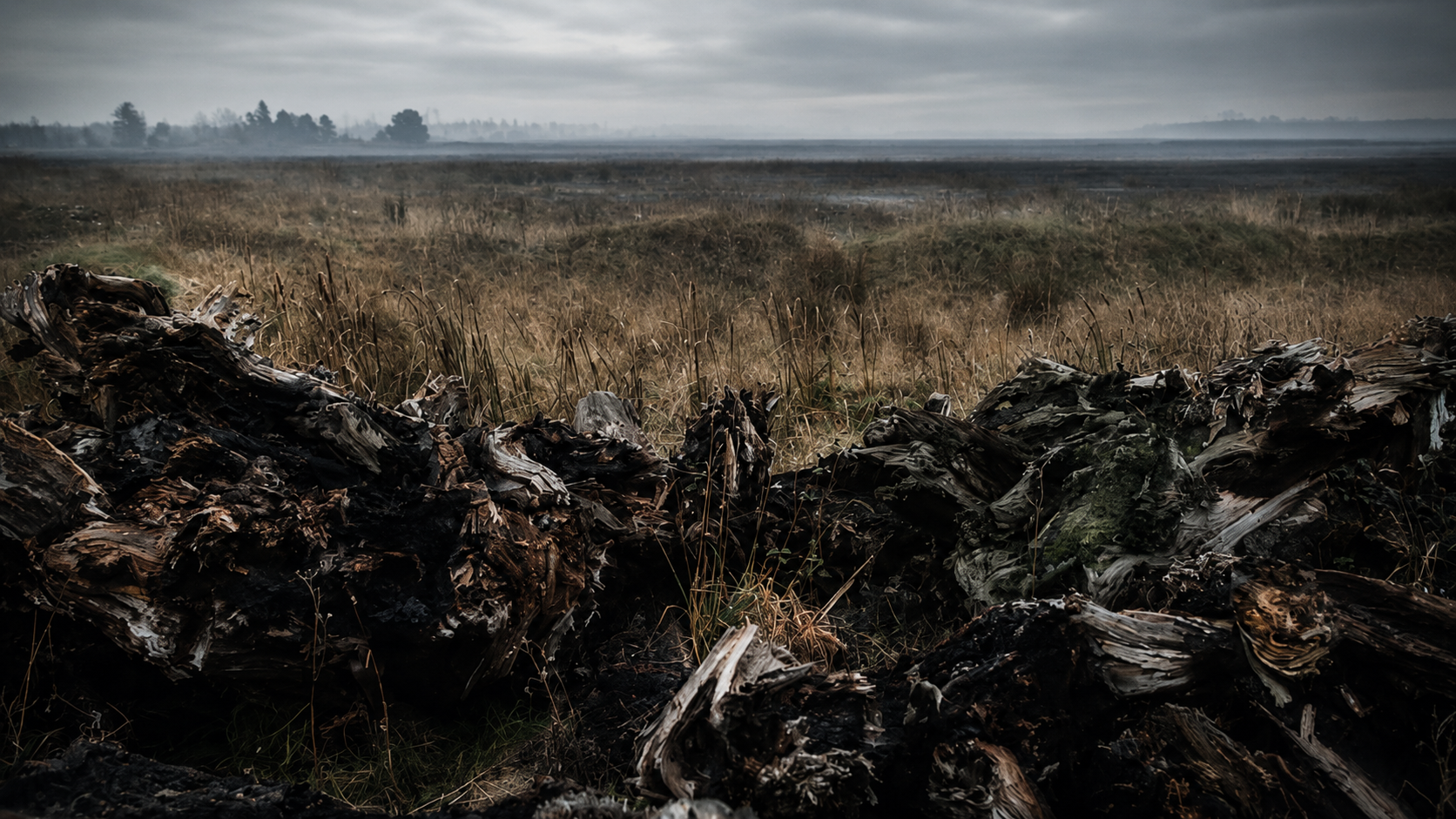 Irish peat bog under low weather