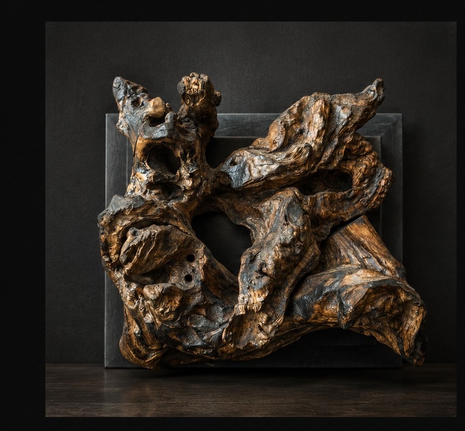 Moloch — sculpture in Irish bog Scots pine, composed from two naturally formed sections joined with reclaimed old iron nails, approximately 600–800 years old